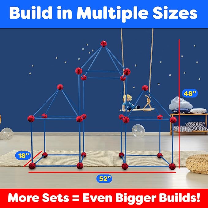 Power Your Fun Fun Forts Kids Tent - 81 Pack Fort Building STEM Toys Kit, Construction Toys Play Tent Indoor and Outdoor Playhouse for Kids with 53 Rods and 28 Spheres (Red, Blue)