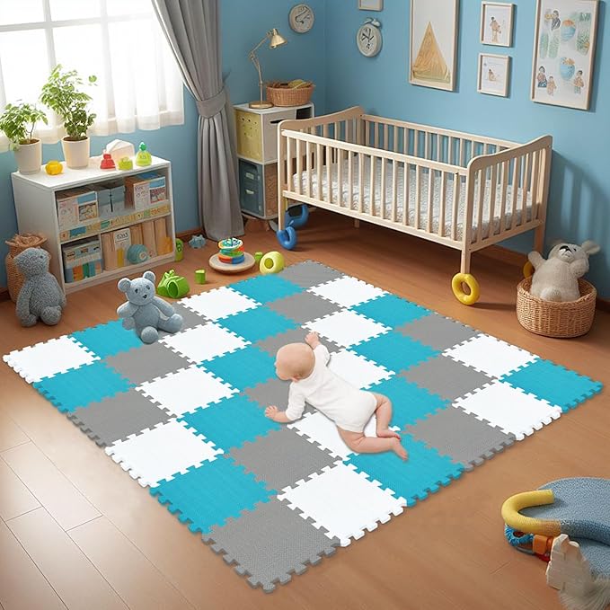 qqpp EVA Rubber 18 Tiles Interlocking Puzzle Foam Floor Mats - Baby Play Mat for Playing | Exercise Mat for Home Workout. White, Gray, Dark Green. QC-ALPb18N