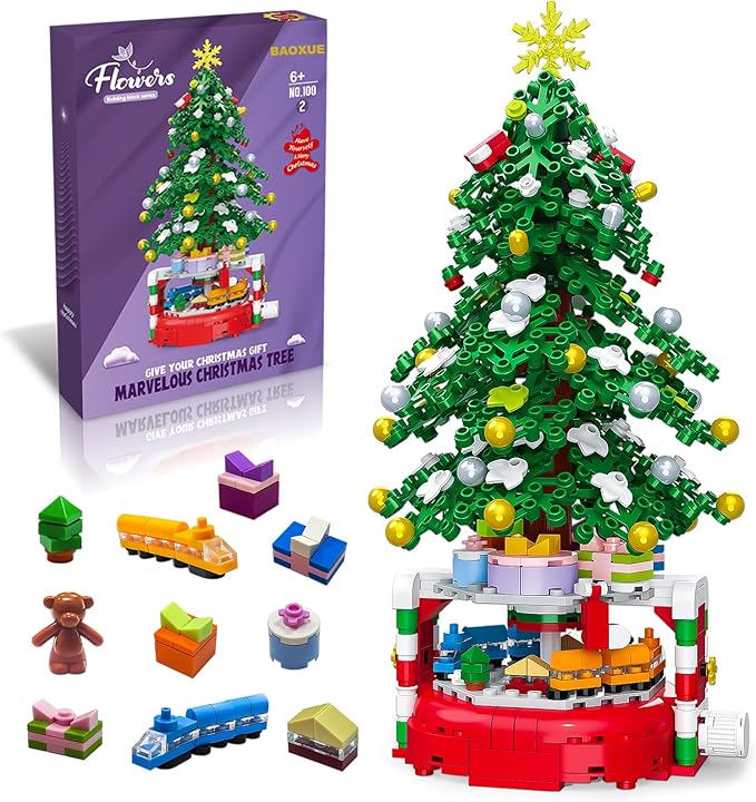 Christmas Tree Building Block Set, 515 Pieces, Rotating Base with Ornaments and Star, Holiday Building Toy, Stocking Stuffers for Kids, Gifts for Boys & Girls