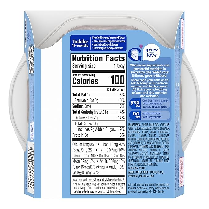 Gerber Toddler Food, Baby Food, Breakfast Oatmeal with Barley, Vanila Berry Flavor, Cereal, Iron Helps Support Brain Development, 8 Pack