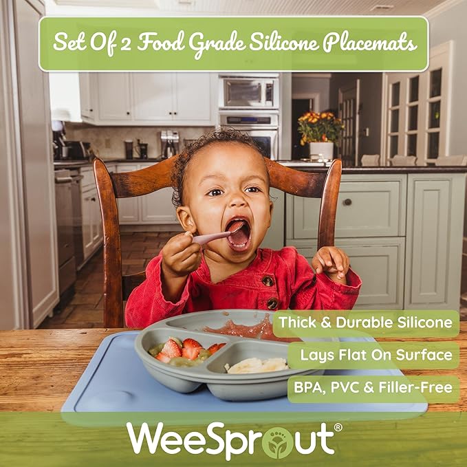 WeeSprout Silicone Suction Placemats for Babies, Toddlers & Kids, Durable Food Grade Silicone with Non-Slip Suction, Raised Edges Contain Mess, Dishwasher Safe, for Dining Table & Restaurants, 2 Pack
