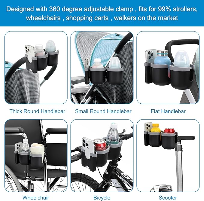 Accmor Stroller Cup Holder with Phone Holder, Bike Cup Holder, Universal Cup Holder for Uppababy Nuna Doona Strollers, 2-in-1 Cup Phone Holder for Stroller, Bike, Wheelchair, Walker, Scooter