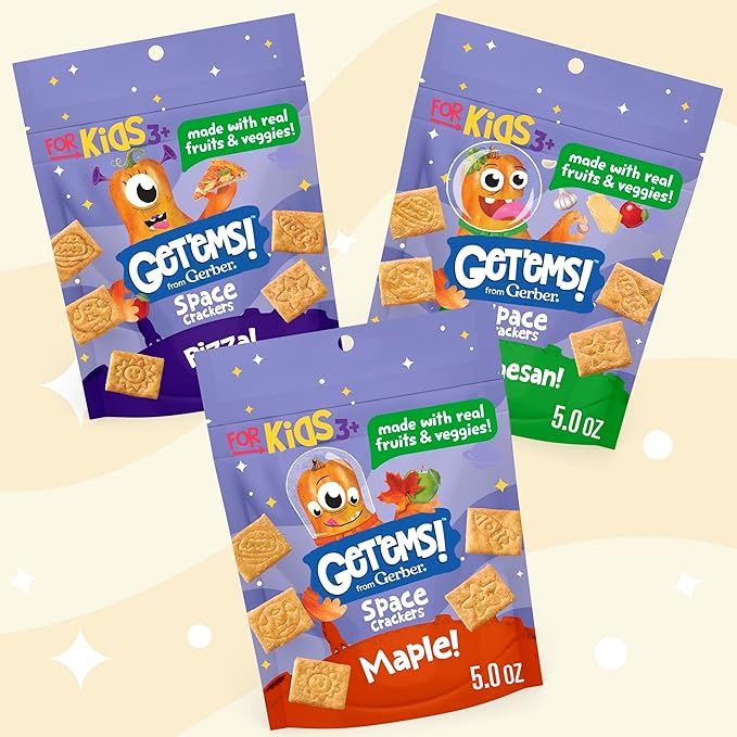 Get'ems! from Gerber, Snacks for Kids, Parmesan Space Crackers, Made with Real Veggies & Fruits, Iron & Vitamin E - 4 pack