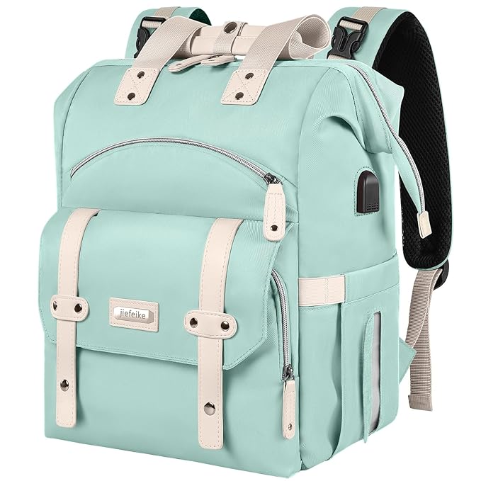 Jiefeike Diaper Bag Backpack,Green diaper bags for baby girl boy, girl diaper bag backpack, Insulated Pockets Portable toddler diaper bag with USB Charging Port, RFID Anti-Theft Pocket
