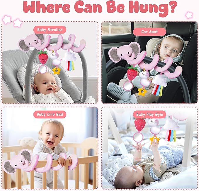 Stuffed Spiral Car Seat Toys for Baby Girls 0-6 Months, Perfect Newborn Gifts for Girls Essentials, Cute Pink Elephant Plush Items