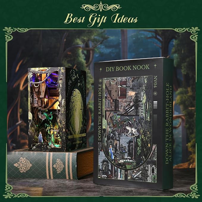 Book Nook Kit, 3D Wooden Puzzle Dollhouse Booknook, Gifts for Family, Lover (Down The Rabbit-Hole Alice in Wonderland)