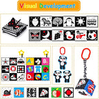 4 PCS Black and White High Contrast Baby Toys 0-3-6 Months Newborn Essential Montessori Toy for Babies Crinkle Sensory Book Brain Development Tummy Time Mirror Infant Carseat Rattle Easter Shower Gift