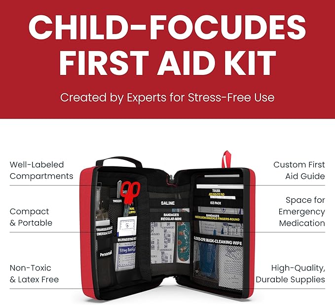 Portable First Aid Kit for Kids with CPR Shield - Ideal for Home, Car, School, Camping, and as a Travel First aid kit. Latex-Free Bandages – Children First Aid Guide by The Life Safety Pro