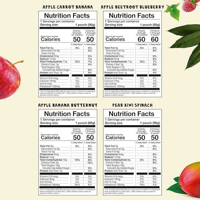 AMA TIME Organic Baby Food Pouches Variety Pack (12 Count, 8 Flavors) | Stage 1+ Fruit & Veggie Puree | Non-GMO Allergen-Free No Added Sugar | BPA-Free Pouches for Baby Led Weaning & Toddlers