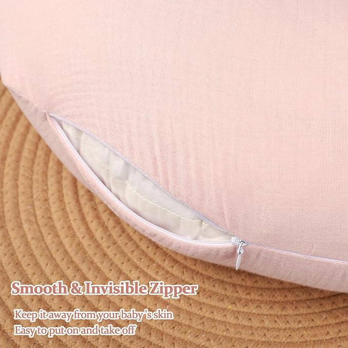 Baby Nursing Pillow Cover, Removeable Breastfeeding Pillow Slipcover, Muslin Nursing Pillow Case for Newborn Boys Girls, Soft Fabric Fits Snug On Infant, Washable & Breathable, Pink (Cover Only)