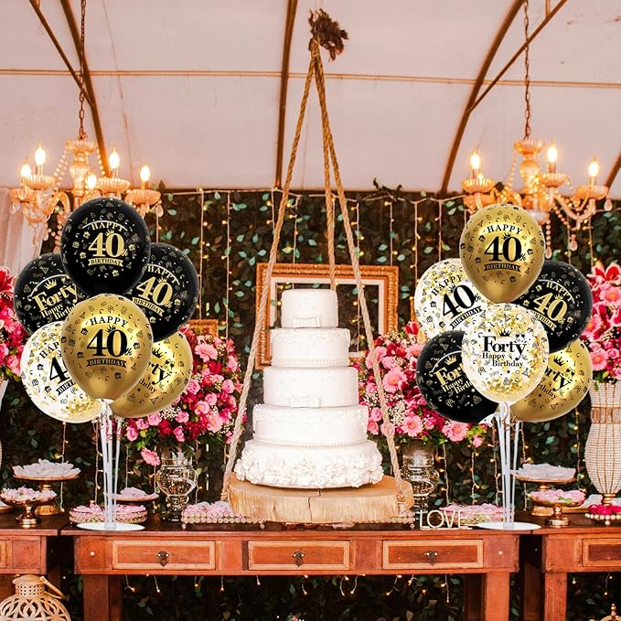 TONIFUL 4 Set Black Gold Balloon Stand Kit for Birthday Decorations for 40th,Balloon Centerpieces for Table Party Decorations Cheers to 40 Years Old Birthday for Men and Women