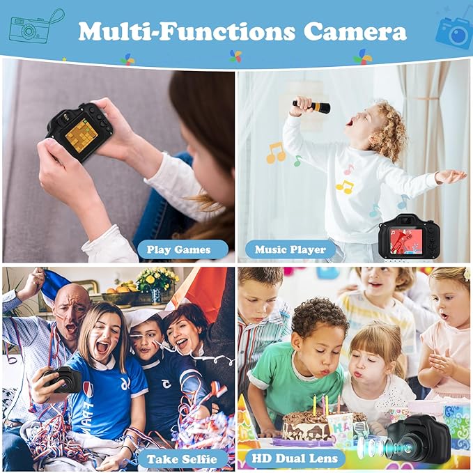 Kids Camera,HD Digital Video Camera,Childrens Toys for 3 4 5 6 7 8 9 Year Old Boys/Girls,Selfie Camera for Kids,Christmas Birthday Gifts with 32GB SD Card (Black)