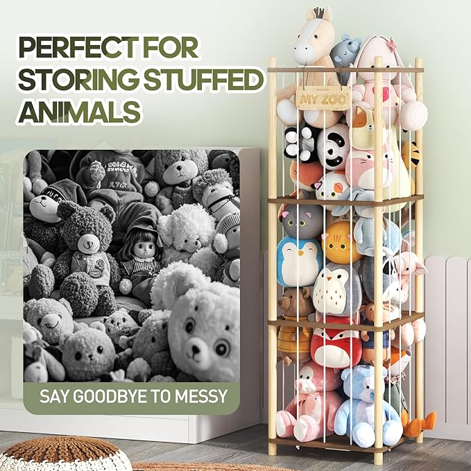 Stuffed Animal Storage, Two-Tone Wood Toy Storage, Space Save Zoo Toy Organizer, Large Capacity Stuffed Animal Holder for Toddler, Gift for Playroom Bedroom Nursery, WJJ-S1