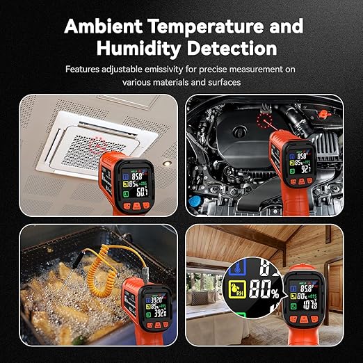 '-58°F to 2732°F Infrared Thermometer Temperature Gun with Thermocouple Probe, 50:1 Laser Temperature Gun for Humidity Measurement, BBQ, AC, High Temp Gun for Engine, Kiln, Forging, Industrial Use