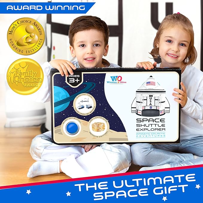 W&O Space Shuttle Explorer Tent with Blast-Off Button, LED Lights & 3 Space Toys – Rocket Ship Play Tent for Kids Ages 3-5