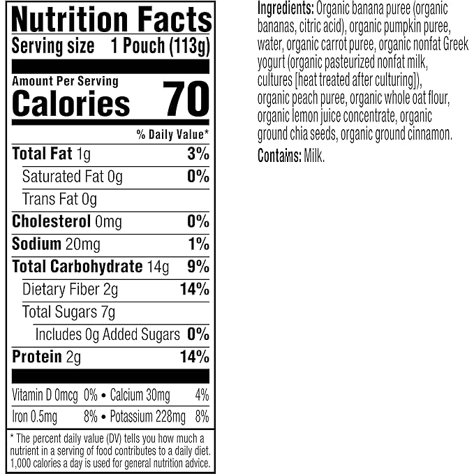 Plum Organics Mighty 4 Organic Toddler Food - Banana, Peach, Pumpkin, Carrot, Greek Yogurt, and Oat - 4 oz Pouch (Pack of 12) - Organic Fruit and Vegetable Toddler Food Pouch