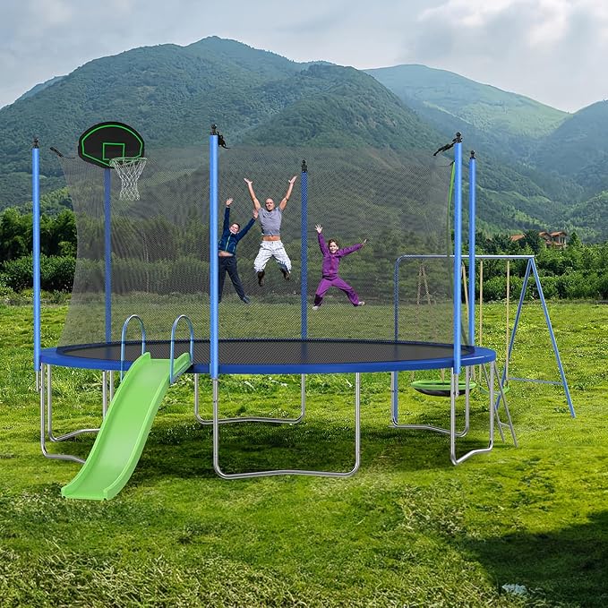 12FT 14FT Trampoline with Slide and Swings, ASTM Approved Outdoor Trampoline with Basketball Hoop and Ladder, Capacity for 5-7 Kids and Adults