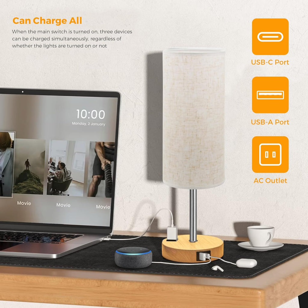 Touch Control Table Lamp for Bedroom, Bedside Lamp with USB Charging Port & AC Outlet, 3 Brightness Levels Adjustable, Nightstand Light