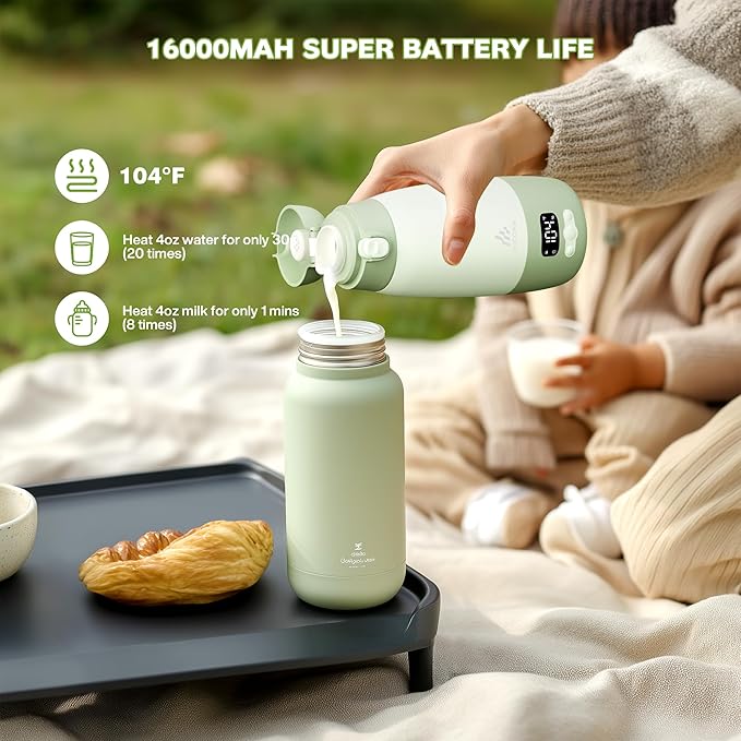 Portable Bottle Warmer for Travel, 2-Min Fast Heating Baby Bottle Warmer for Breastmilk & Formula, 17.8oz Formula Container to Go, Long Battery Life & Temp Control, Portable Milk Warmer On The Go