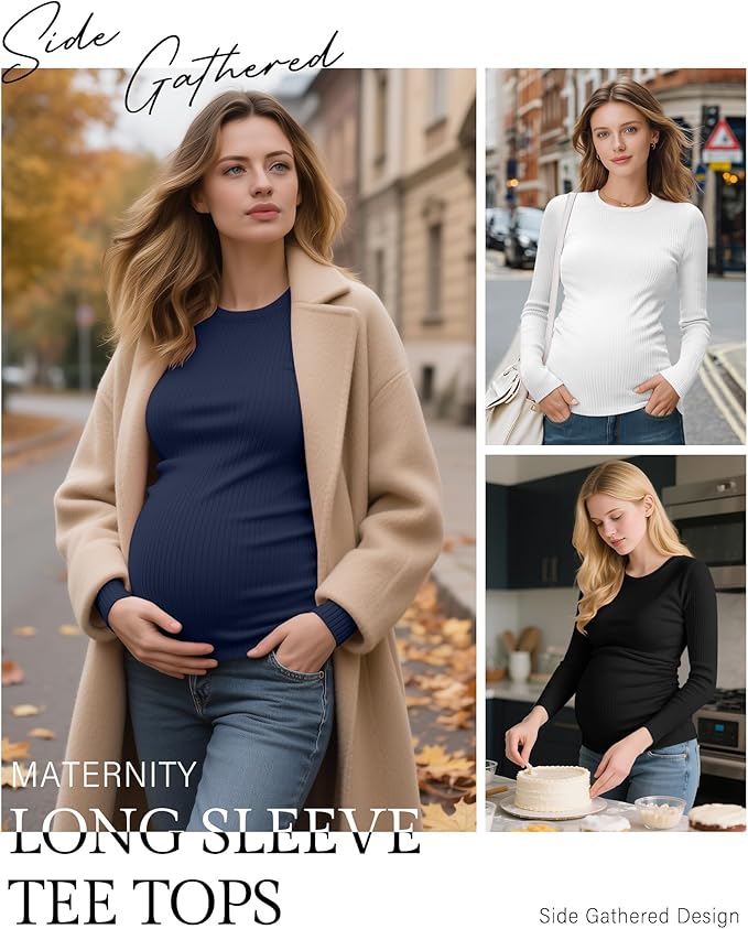 Ficerd 4 Pack Women's Maternity Shirts Cotton Long Sleeve Ribbed Crew Neck Pregnancy Tops Side Ruched Casual Mama Clothes