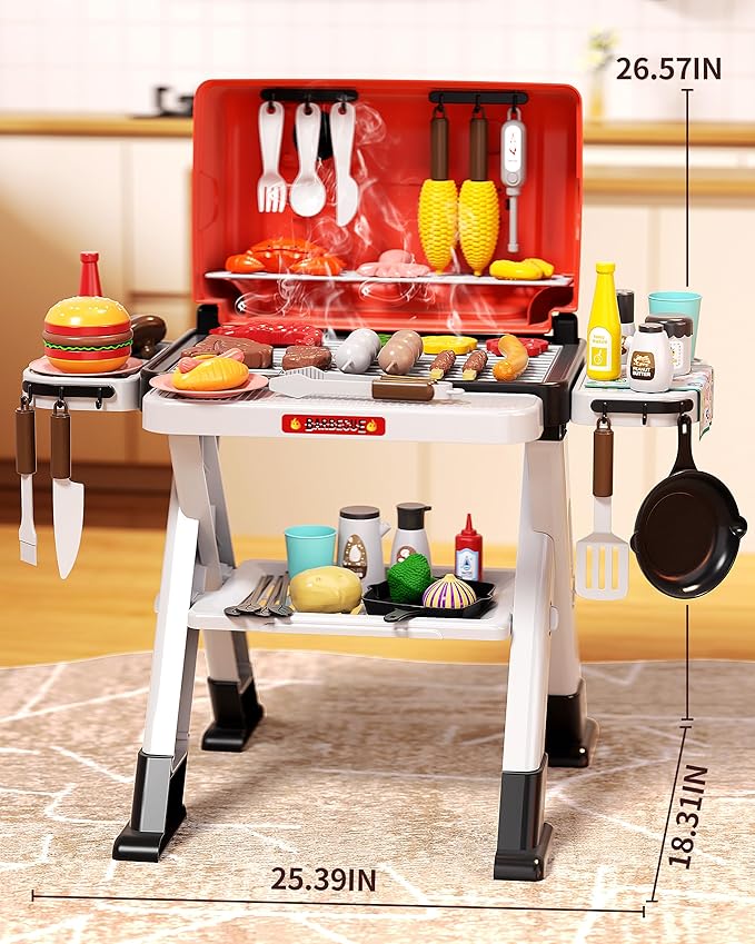 60pcs Kids Play Kitchen Toys for Kids, Outdoor BBQ Grill Playset with Smoke Sound & Light, Play Toy Grill Set for Toddlers Boys Girls 3 4 5 6 7 8