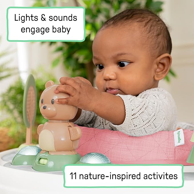 Ingenuity Spring & Sprout 2-in-1 Baby Activity Center Jumper and Table with Infant Toys - Ages 6 Months +, First Forest in Pink