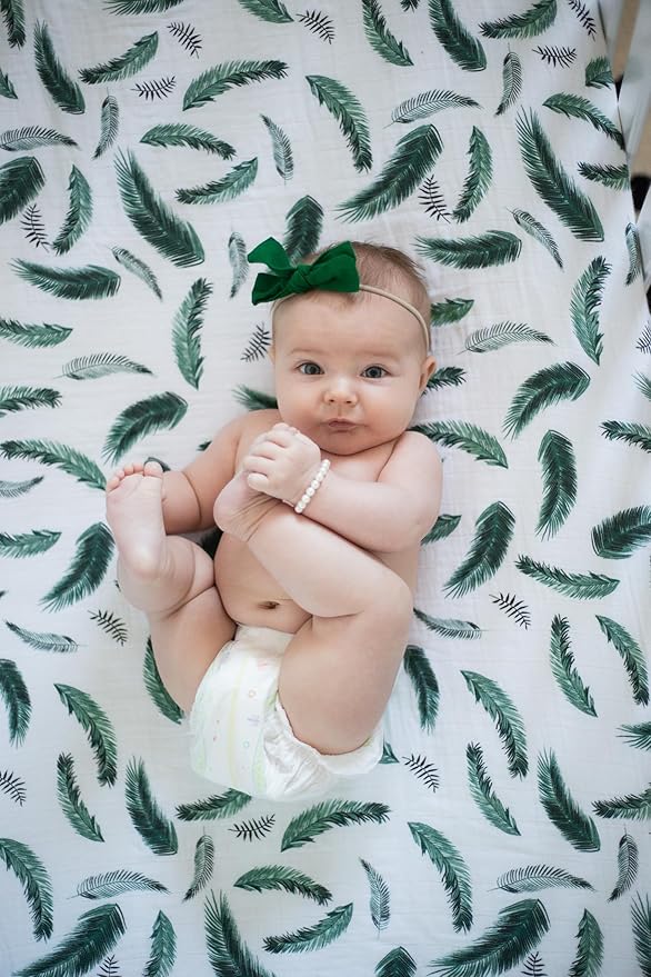 Margaux & May Organic Muslin Cotton Baby Crib Sheet, Green Feather Print, Fitted, Breathable, Toddler Bedding, 52 x 28, Deep Pocket, Organic Crib Sheets for Cozy Sleep
