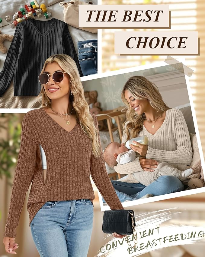 3 Pack Women's Maternity Nursing Tops, V Neck Breastfeeding Sweaters Long Sleeve Hidden Zipper Shirts