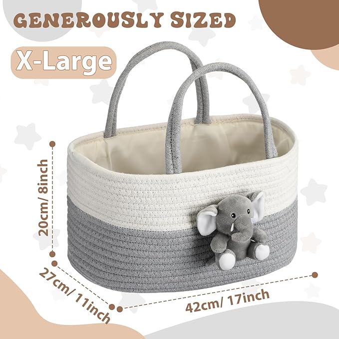 Elephant Diaper Caddy Organizer Cart Storage for Nursery with Handle Baby Shower Basket Gift Baby Bath Caddy for Diapers Wipes Elephant Basket for Nursery(X-Large)