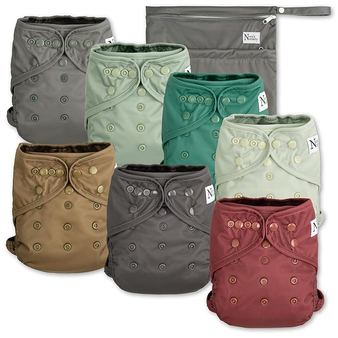 Nora's Nursery Cloth Diaper Cover, Washable Reusable Diaper Cover with Snap Closure, Flat or Fitted - 7 Pack with Wet Bag - Hickory