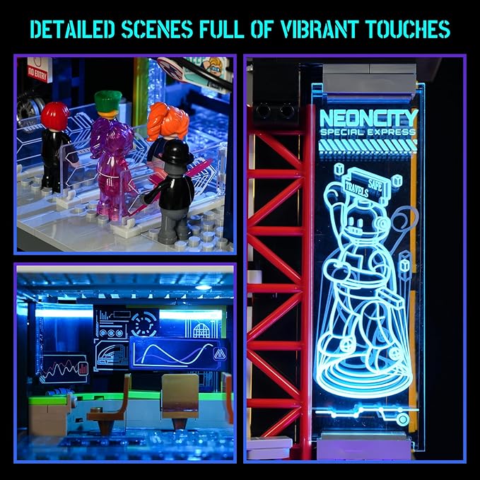 Cyberpunk Floating-Train-Station Lighting-Building-Bricks Set - Cyberpunk City Future Levitation Train Station Street View Collection LED Light Model 2760 Pcs for Adults and Sci-fi Lovers