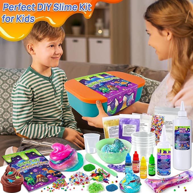 Dinosaur Slime Kit for Girls, Glimmer Crunchy, Galaxy Slime Making Kit for Kids 6-12, Glow in The Dark DIY Slime Kit with Add-ins, Foam Balls, Charms, Glitters, Dinosaur Gift Toys