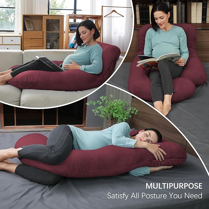 MOON PARK Pregnancy Pillows for Sleeping - U Shaped Full Body Maternity Pillow with Removable Cover - Support for Back, Legs, Belly, HIPS - 65 Inch - Burgundy