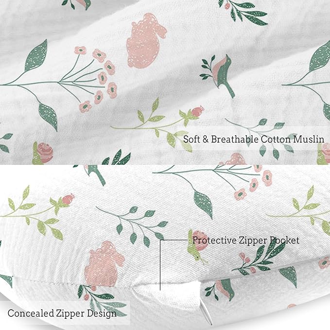 Little Grape Land Nursing Pillow, Soft 100% Cotton Breastfeeding Pillow with Breathable Muslin Removable Cover,Pink Bunny Breast Feeding Pillows for Babies 0-12 Months with Protective Zipper