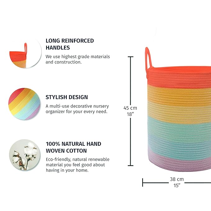 OrganiHaus Tall Rainbow Rope Blanket Basket for Living Room Decor, Cute Woven Baby Laundry Basket, Baby Nursery Hampers for Toys, Kids Laundry Hamper for Dirty Clothes, Decor for Kids Classroom