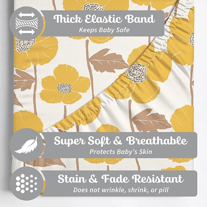 Crib Sheets Neutral - Fitted Baby Crib Sheets Bed for Girl Boy - 2 Pack Standard & Toddler Mattress (Poppy Fields) - Buttery Soft Organic Cotton Blend
