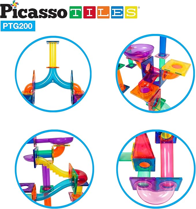 PicassoTiles 200pc Magnetic Marble Run Tiles Toy STEM Educational Race Track with Light Up Marbles Magnet Tile Building Blocks Maze Kit Sensory Pretend Play Toys for Toddlers Boys Girls Ages 3+ PTG200