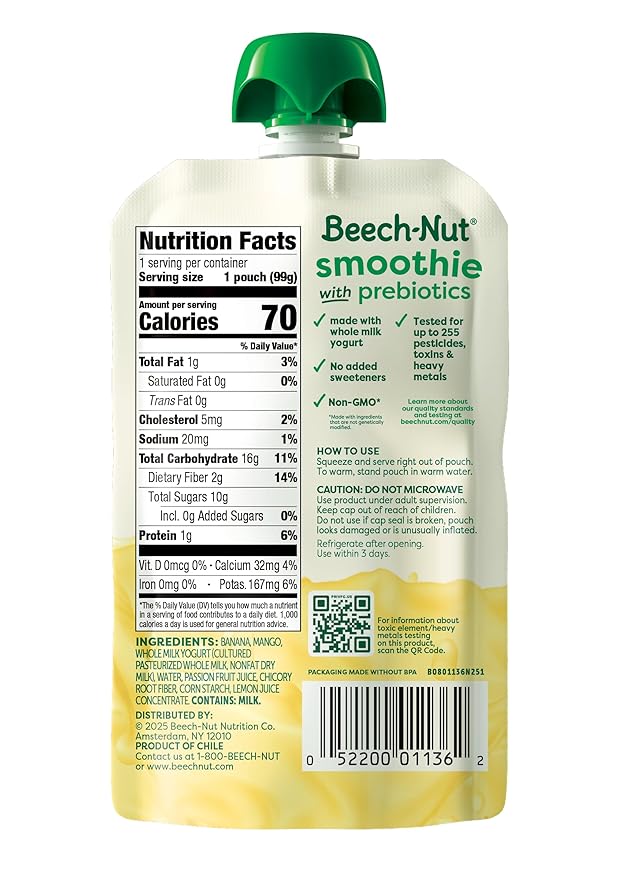 Beech-Nut Toddler Smoothies with Prebiotics, Banana Mango Passion Fruit & Yogurt Baby & Toddler Food Pouches, 3.5 oz (12 Pack)
