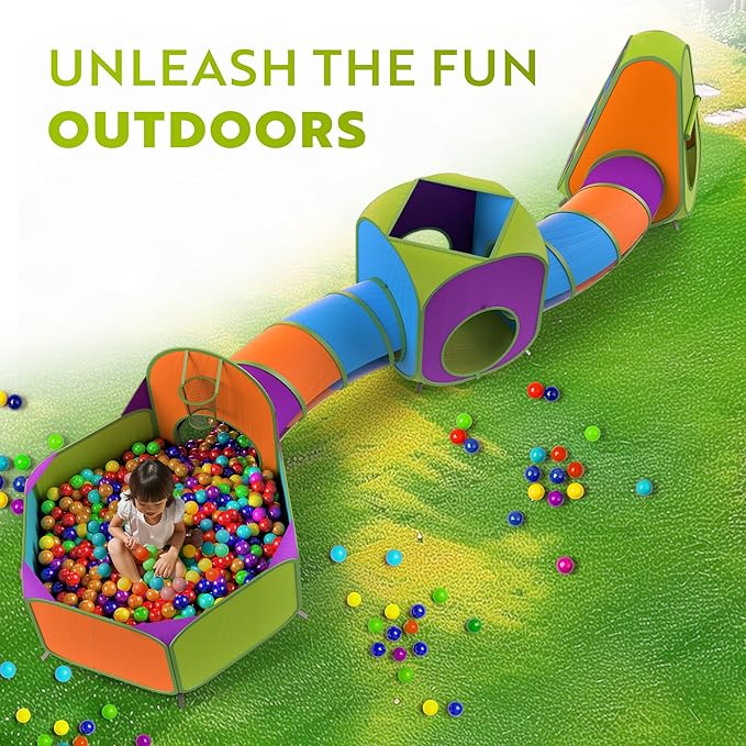 Playz 5-Piece Kids Pop up Play Tent Crawl Tunnel and Ball Pit with Basketball Hoop Playhouse for Boys, Girls, Babies, and Toddlers (Purple, Orange, Yellow, Red, Blue)