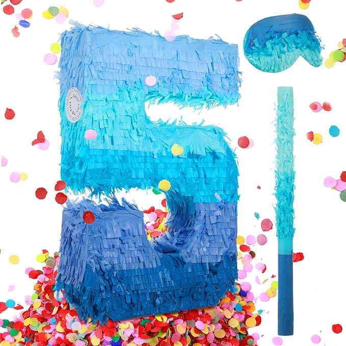 Sratte Number 1 2 3 4 5 6 7 8 9 Piñata with Stick Blindfold Confetti, Gradient Blue Piñata for Kids Boys Girls Birthday Party Anniversary Decorations Supplies(Number 5)