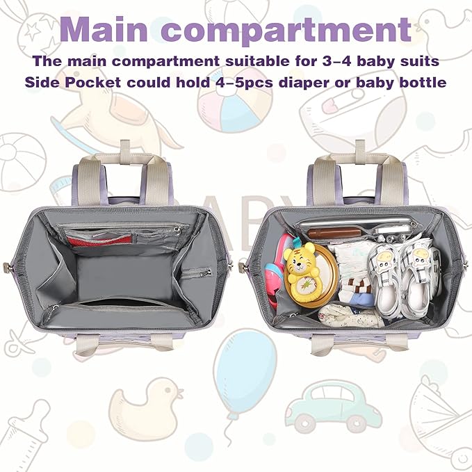 Jiefeike Diaper Bag Backpack,Purple Travel Backpack for Dad Mom Boys Girls,Insulated Pockets Portable Baby Nappy Bags with USB Charging Port,RFID Anti-Theft Water-Resistant Pocket Stroller Straps