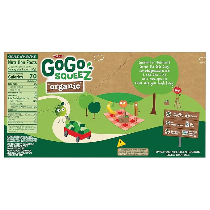GoGo squeeZ Organic Applesauce and Fruit Puree, Apple Apple, 3.2 oz (Pack of 12), Unsweetened Organic Fruit Snacks for Kids, Gluten Free, Nut Free and Dairy Free, Recloseable Cap, BPA Free Pouches