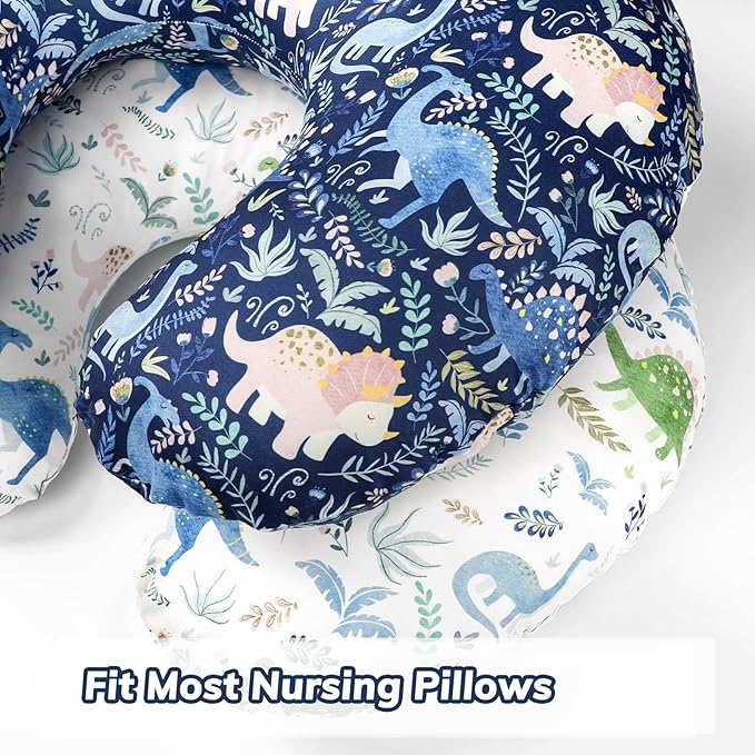 Pea Pod Nursing Pillow Cover 2 Pack Soft & Adorable Slipcovers for Breastfeeding Pillows, Comfortable Stretchy Feeding Pillow Covers for Baby Girls Boys Newborn, Removeable Pillow Case (Dinosaur)
