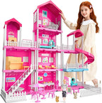 Pink Girl House Playset for Kids 3 4 5 6 7 8 Years Old - Villa Girl Toys with 4 Storeys 10-Room and 2 Dolls, Furniture Accessories, Pretend Play Indoor Toddler Toys Birthday Gifts for 3-5 6-8