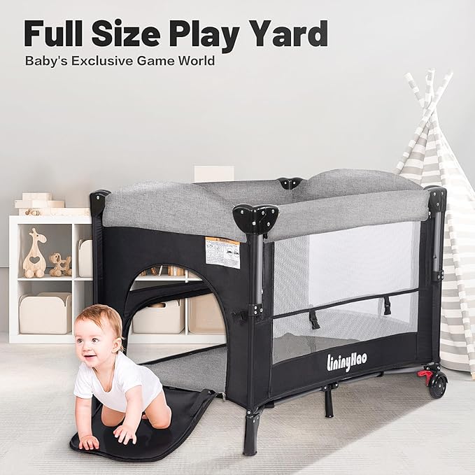 4 in 1 Height Adjustable Baby Playard, Foldable Nursery Center with Music Box Toy Rack, Side Storage, Changing Table, Large Portable Playpen for Newborns and Toddlers（Gray）