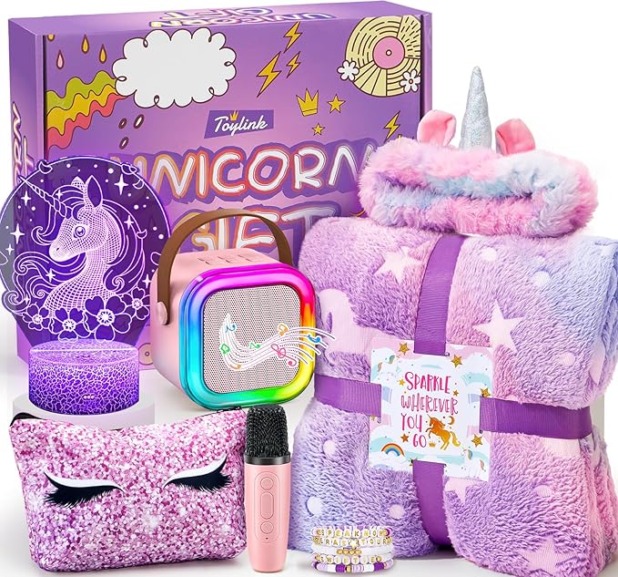 Unicorn Gifts for Girls Age 4 5 6 7 8 9 10, Kids Unicorn Toys with Mini Karaoke Machine/Glowing Blanket/Night Light/Headband/Bracelets, Birthday Graduation Gifts for Daughter Niece