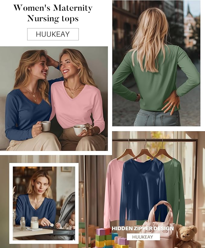 Huukeay 3 Pack Women's Long Sleeve Nursing Tops, Breastfeeding Hidden Zippers Shirts V Neck Maternity Pregnancy Tees Clothes