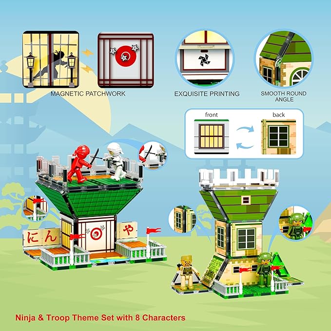 PicassoTiles 102pc Magnet Tile Building Block Ninja & Troop Theme Double Sided Printings 2in1 with 8 Character Figures Magnetic Tiles Construction Playset Fine Motor Skill STEM Educational Age3+ PTQ02