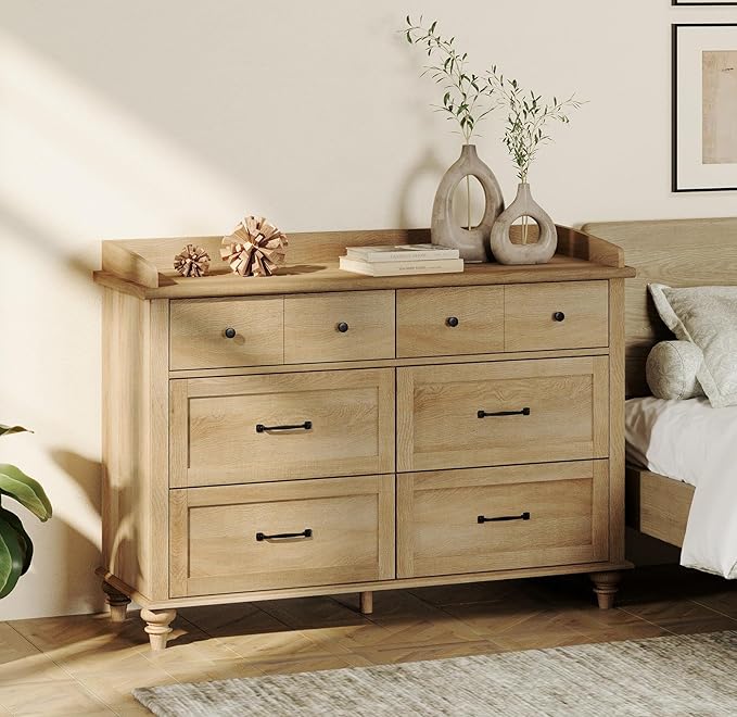 WAMPAT Oak Dresser for Bedroom with 6 Drawers, Baby Dresser with Solid Wood Legs, Farmhouse Light Wood Closet Storage Organizer, Horizontal Dressers for Nursery, Living Room, Kids Room