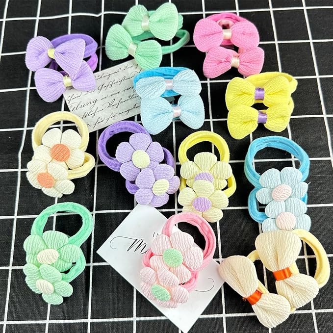 54PCS Girls Hair Ties Bows and Flowers Ponytail Elastic Bands,No Damage Elastic Ponytail Holders Hair,Hair Bows No Slip Durable Fabric ponytail fixator Multicolor